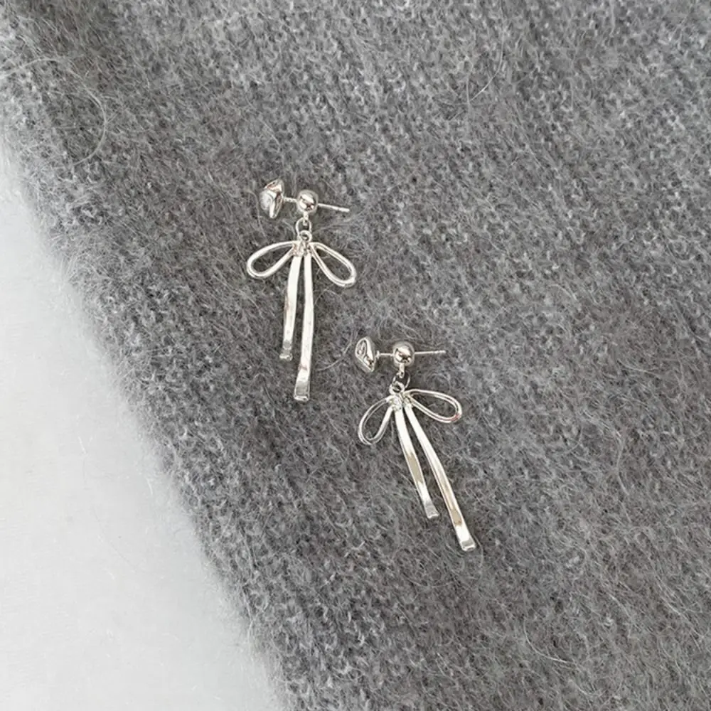 Pendientes Ribbon Bow Dangle Earrings Balletcore Grey Pearl Simple Earrings Korean Style Alloy Piercing Ear Stud Carnival