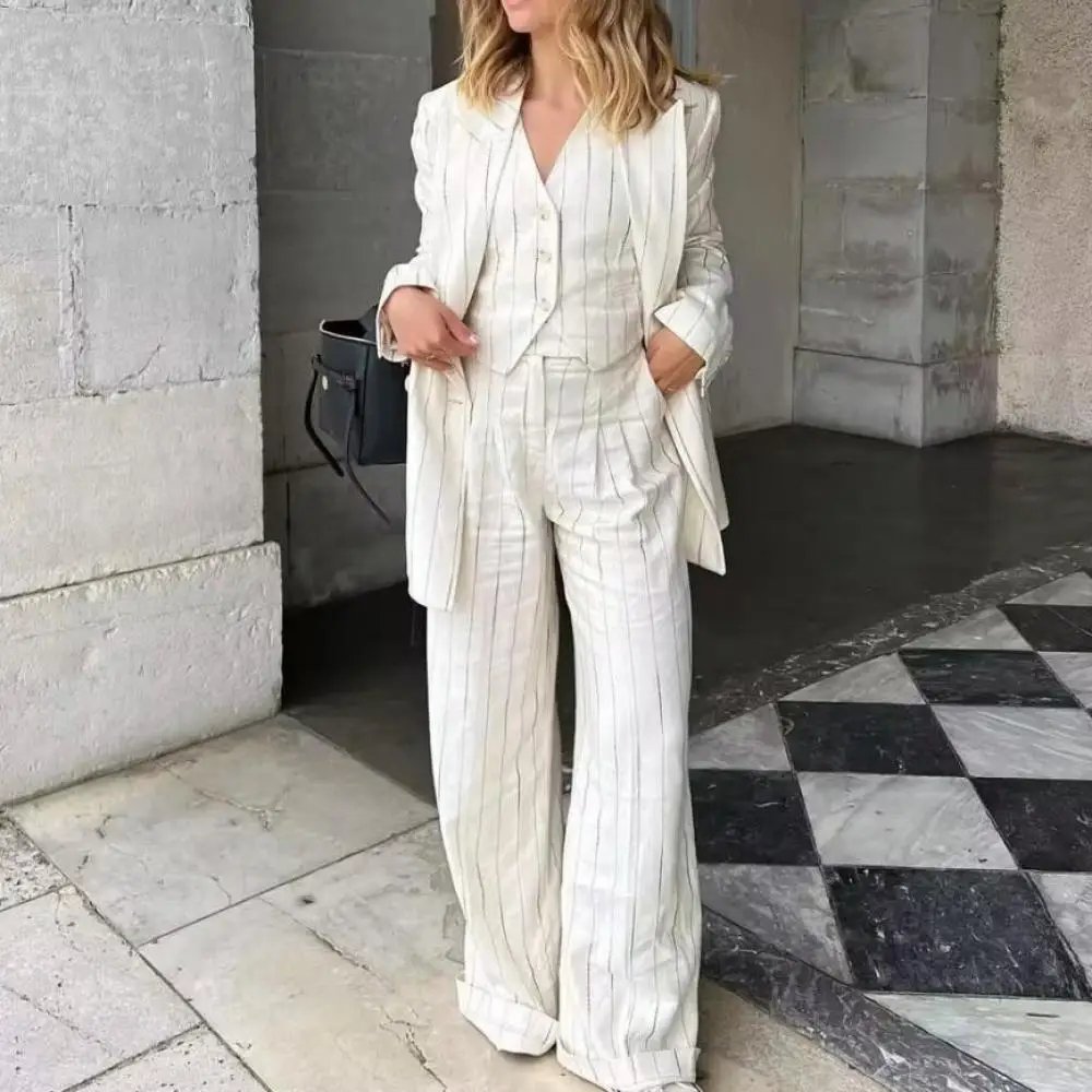 

Women Black White Striped Turn-Down Collar Double Breasted Blazer Suits Fashion Spring Waistcoat Office Lady Casual Pants Suits