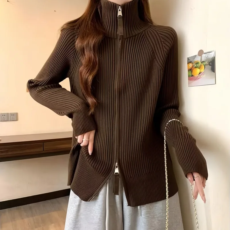 Women Turtleneck Double Zip Knit Cardigan Ribbed Texture Elegant Sweater Jacket