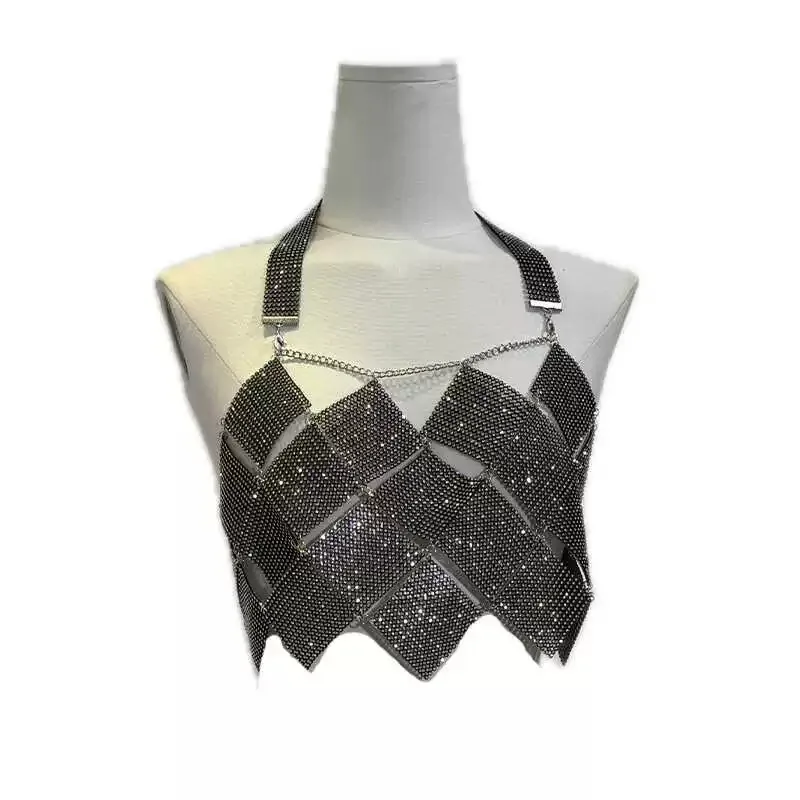 Fashionable And Sexy Diamond Studded Hollow Chain Splicing Rhinestone Irregular Square Piece Tank Top