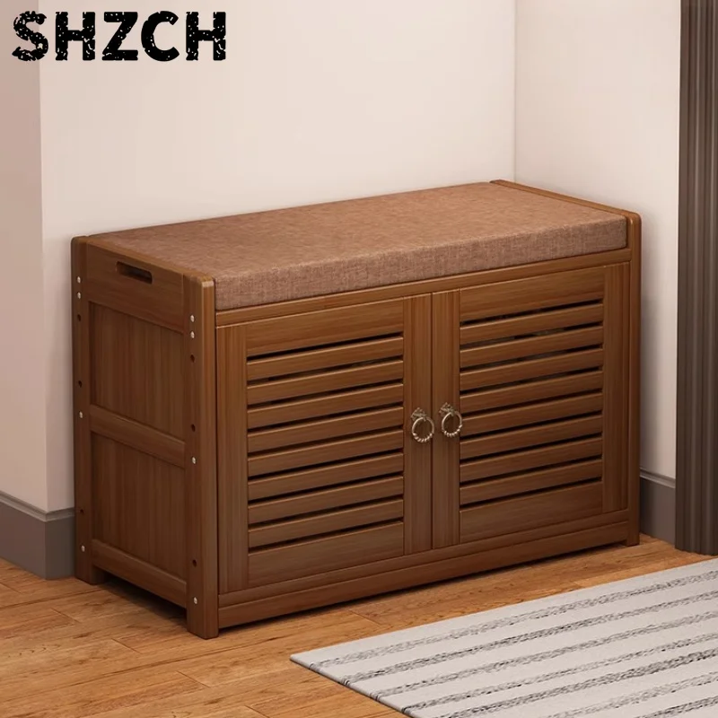 Solid Wood Shoe Cabinet Bench Entryway Storage Ottoman with Seat Multi-Functional Hallway Shoe Rack & Living Room Organizer