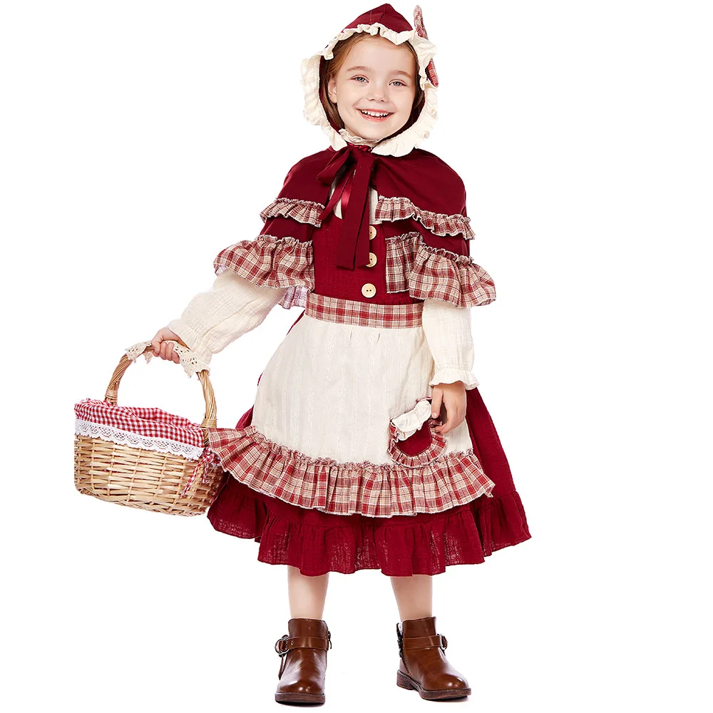 Halloween Bühnenkostüm für Kinder, Cosplay, Rotes Kleid mit Karomuster, Vintage Viktorianisches Prairie-Kostüm, Pastorales Bauernkleid – Detail 5