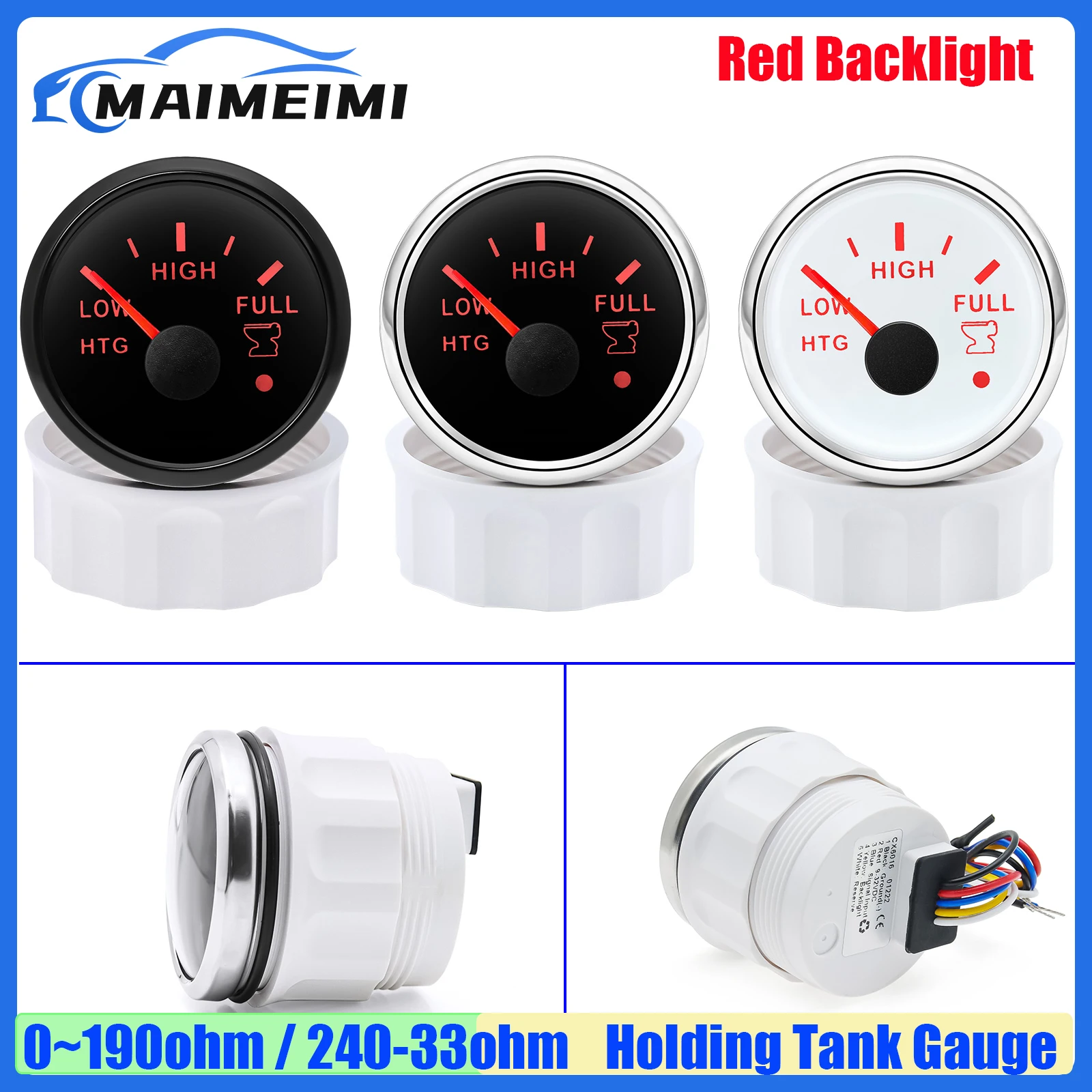 

2"52mm Holding Tank Gauge with Alarm 0-190ohm,240-33ohm Sewage Level Gauge Waste Meter Red Backlight fit Car Boat Yacht 12V24V