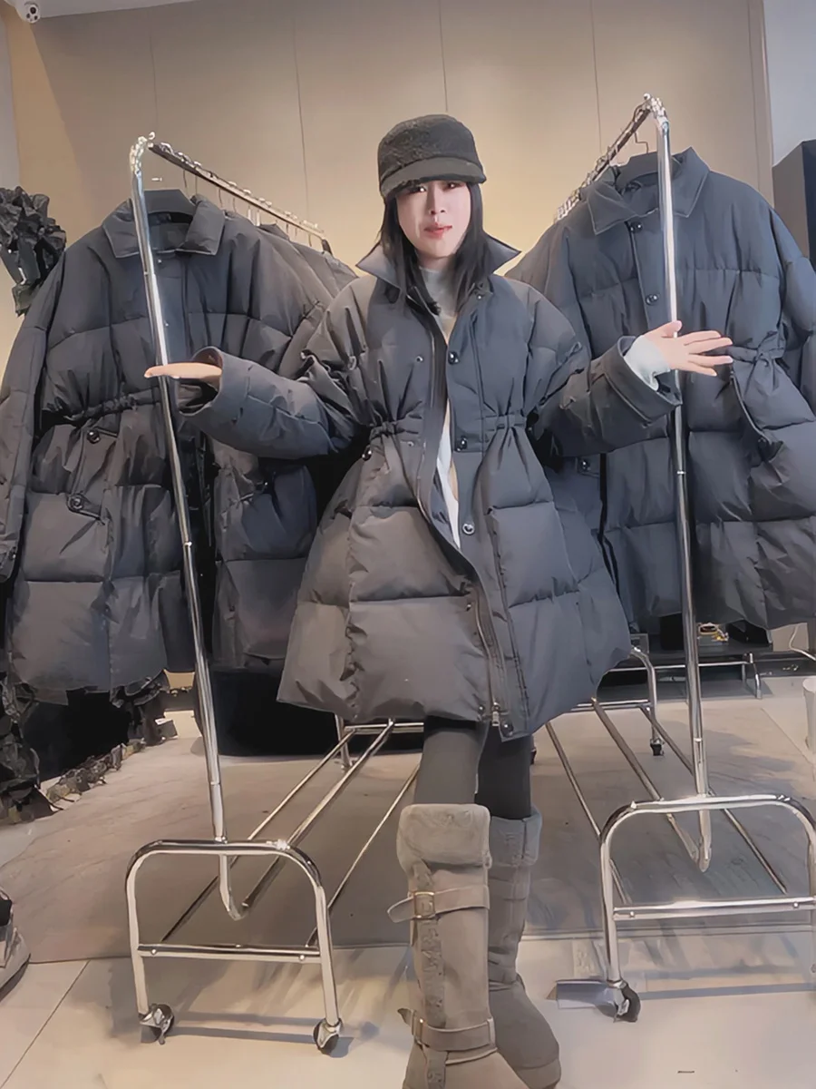 

mat Retro Lazy Turn-down Collar Mid-length White Du down Jaet Women's Outerwear Casual Loose Fit Warmth Polyester