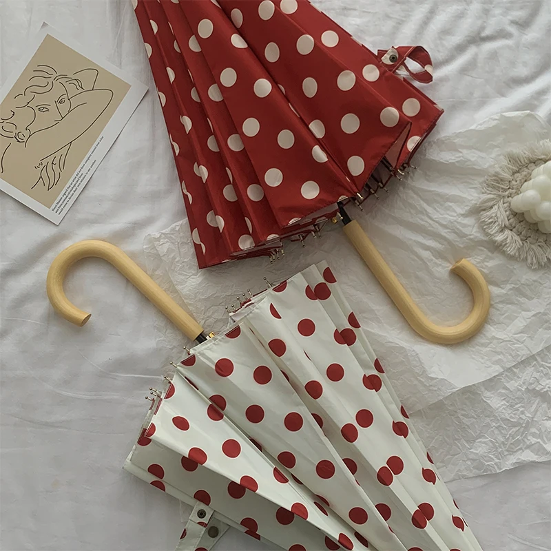

Vintage Hong Kong Sle Long Handle Umbrella Women's Polka Dot 6 Rib Large Auatic Reinforced Durable Sunade Dual Purpose