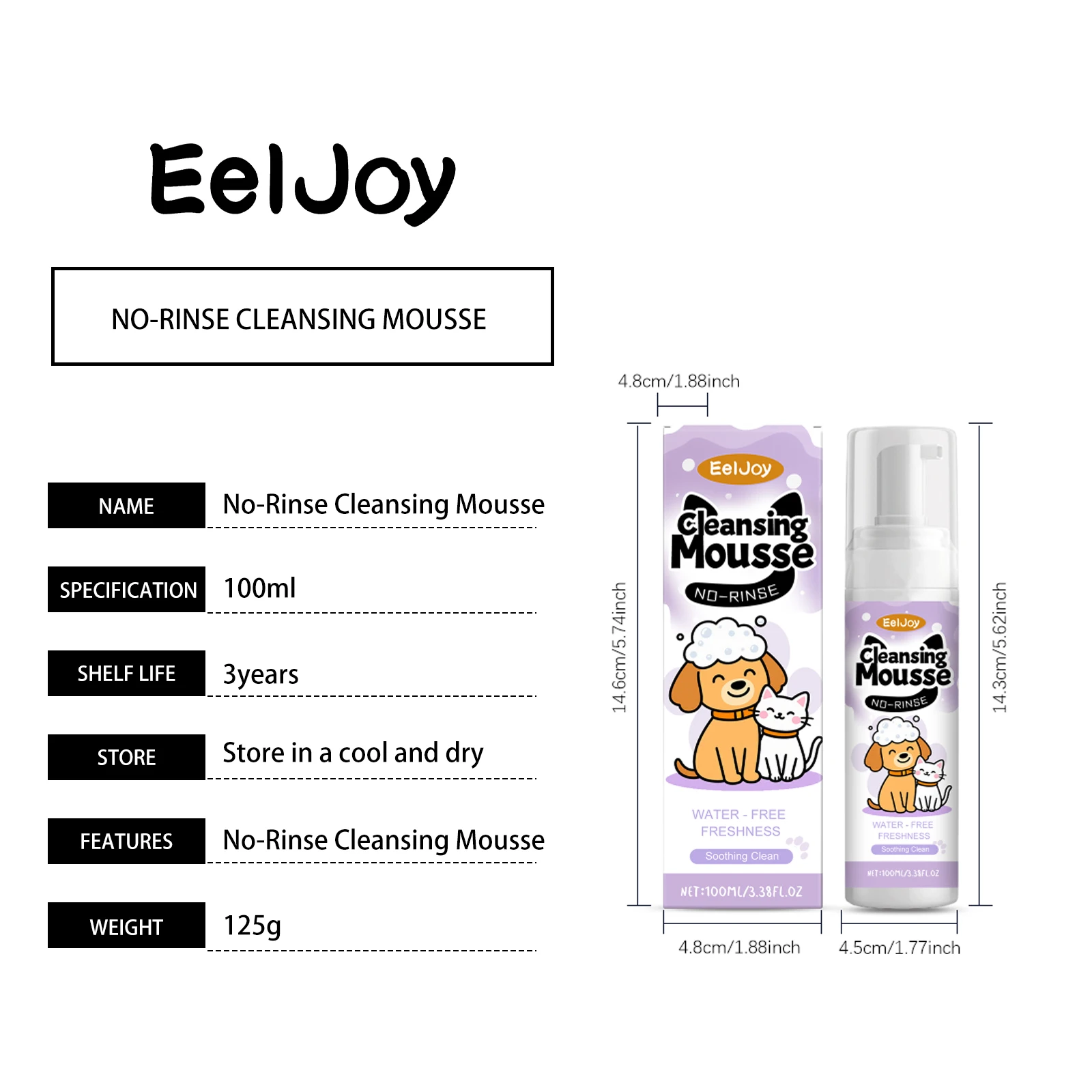 EELJOY Pet عامل تنظيف رغوي بدون شطف 100 مللي موس تنظيف بدون ماء للقطط والكلاب تركيبة لطيفة مغذية للبشرة والفراء الناعم