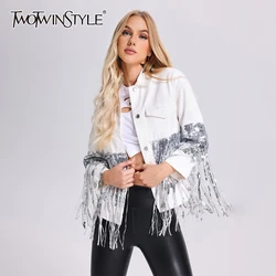 TWOTWINSTYLE Patchwork Tassels Jacket For Women Lapel Long SleeveSolid Korean Minimalsit Single Breasted Jackets Female Fashion