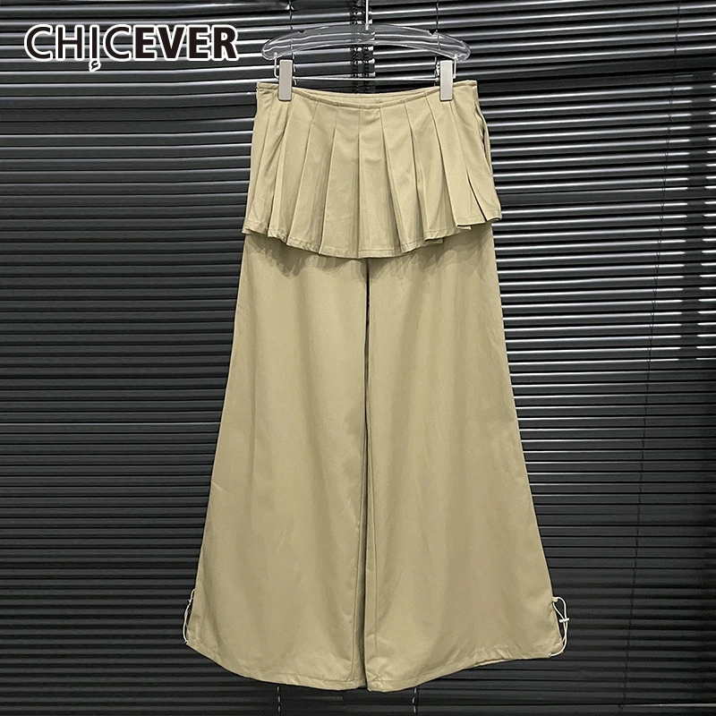 

CHICEVER Solid Patchwork Pleated Short Skirt Pant For Women High Waist Spliced Drawstring Fashion Summer Wide Leg Pants Female