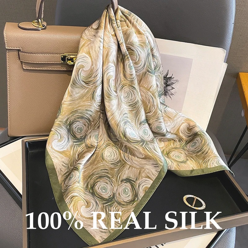 

Fashion 100% Nature Silk Square Scarf Women Female Foualrd Neckerchief All Seasons Beach Scarves Shawl Bandana Hijab Pashmina