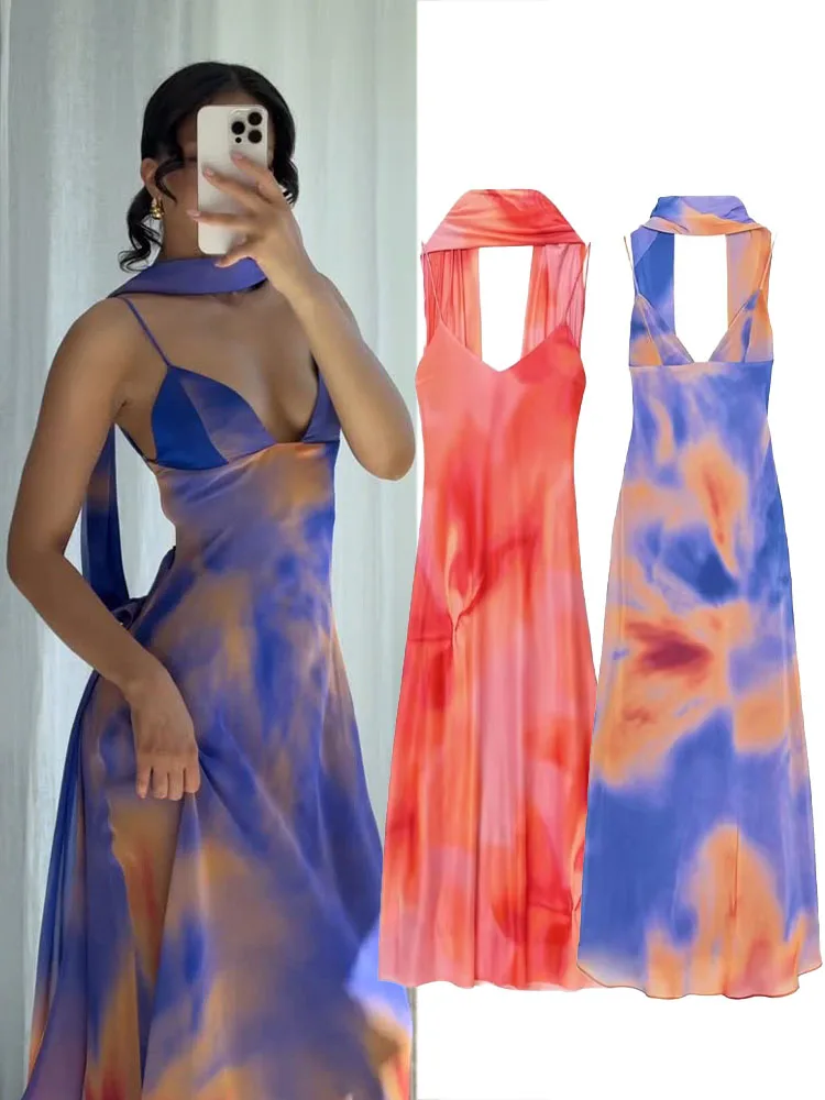 

HH Women Summer Holiday V-neck Print Long Scarf Sleeveless Slim Dress Female Elegant Sexy Backless Party 3-Color Sling Dress