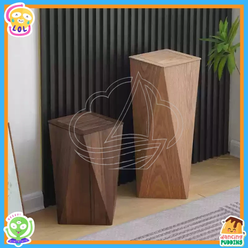 Nordic Wooden Trash Can with Lid, Polygonal Diamond Design for Home Office Bathroom