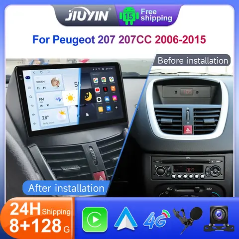 JIUYIN 9“ Android15 Car Radio For Peugeot 207 207CC 2006-2015 Wireless CarPlay Auto Multimedia Stereo GPS Navigation 4G  Player