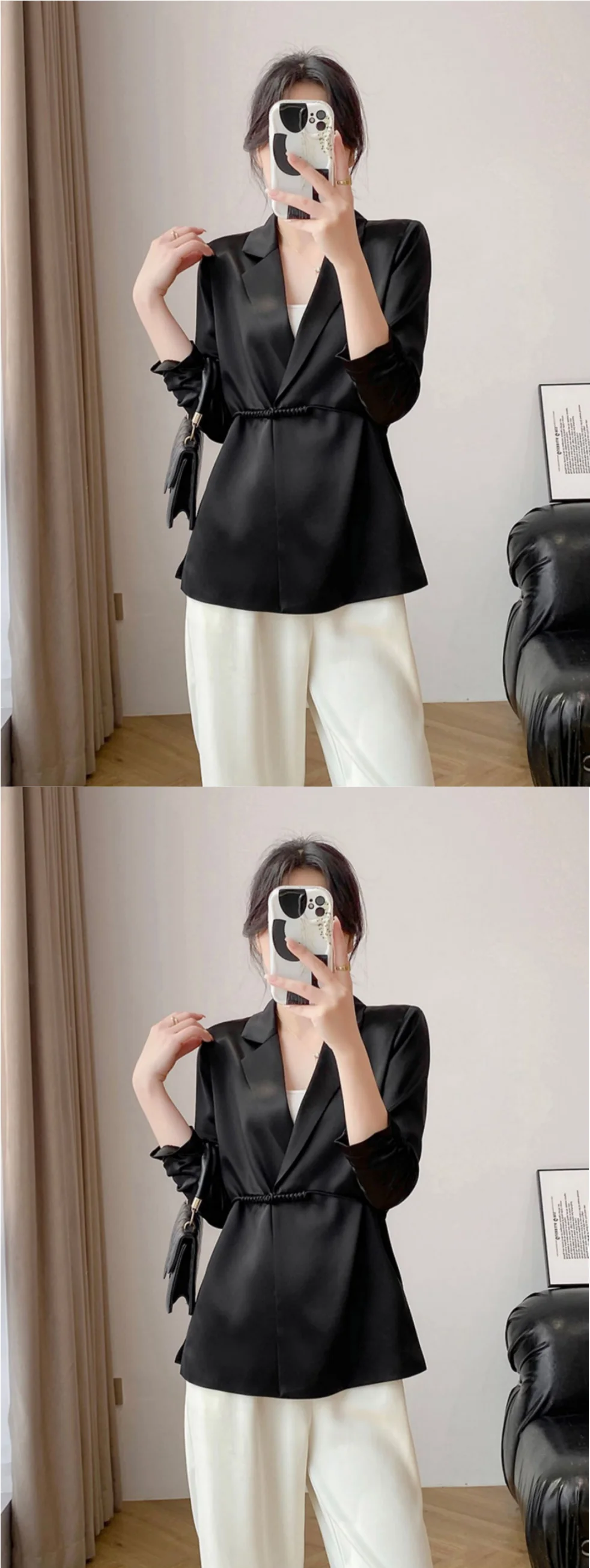 Damenjacke für Frühling und Herbst, neue Arbeitskleidung im chinesischen Stil, modischer und eleganter weißer Freizeitblazer, Satin-Acetat-Stoff, schwarzer Blazer mit Dreiviertelärmeln und einem Knopf – Detail 8