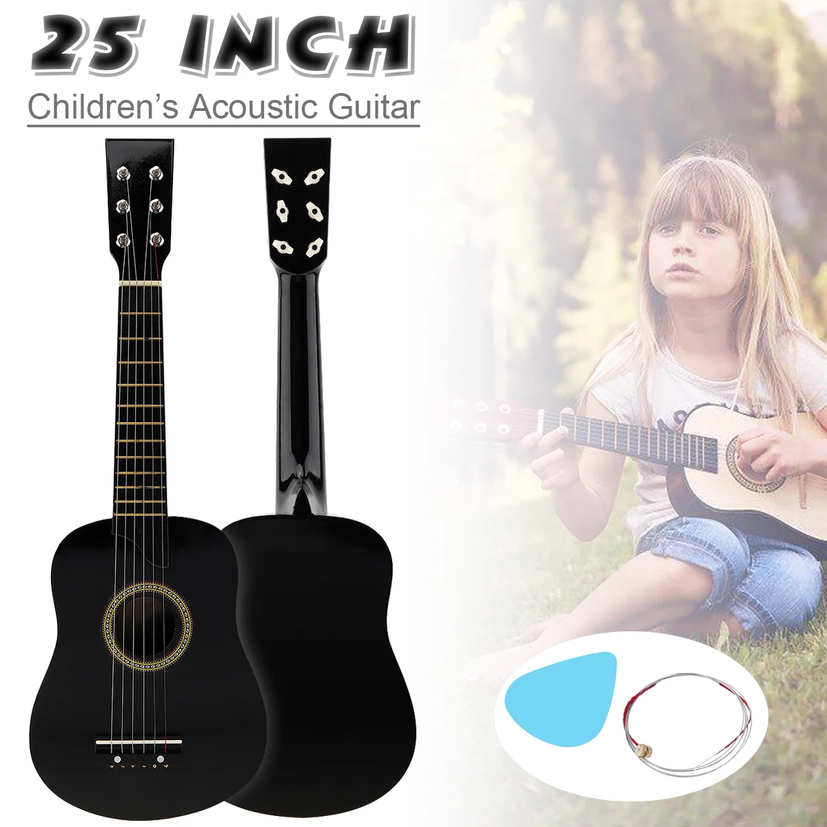 25 Inch Acoustic Guitar Black Basswood Adults Guitarra with Pick Strings Musical Instrument Gifts for Beginner