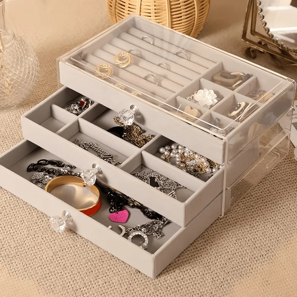 Acrylic Velvet Jewelry Organizer with 3 Drawers Stackable Display Storage Earrings Necklace Bracelets Box Holder Case for Women