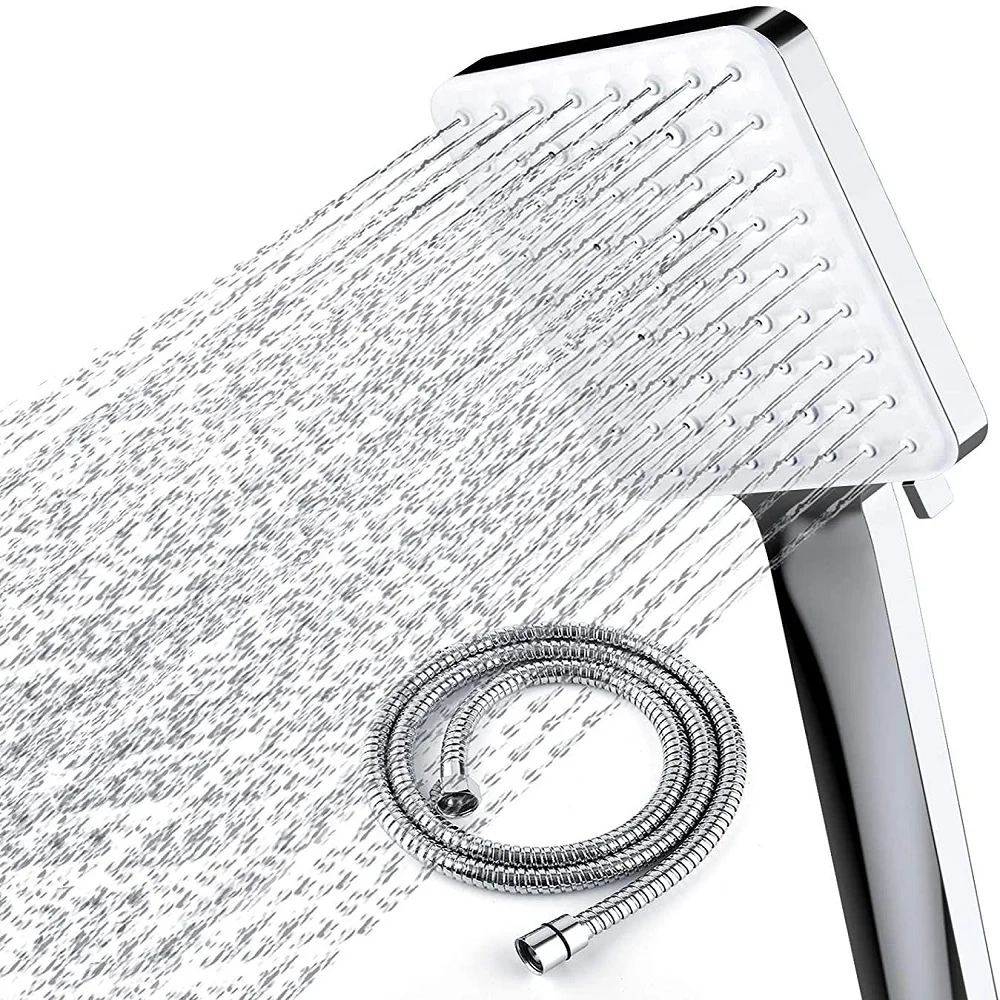 Newentor Square Shower Head Set With 1.5m Hose Lightweight Handhold High Pressure Shower 6 Spary Mode Bathroom Accessories