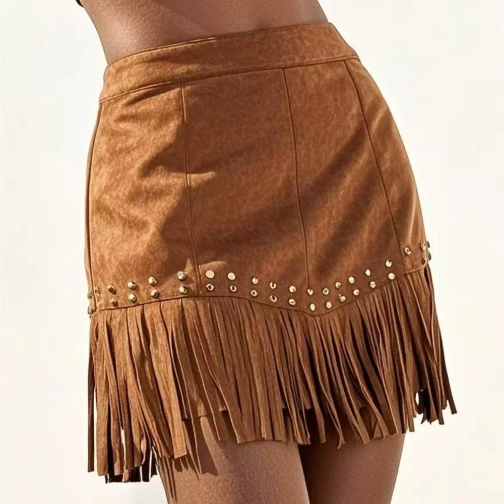 Temperament Suede Skirt Retro Solid Color Versatile Spring Summer Elegant Casual Daily Tassel Rivet Micro-elastic A-line Skirt