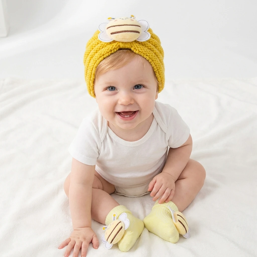 

2Pcs/Set Baby Knitted Turban Hat and Socks Set Cute 3D Bee Cartoon Infant Toddler Winter Warm Beanie India Hat Newborn Gift