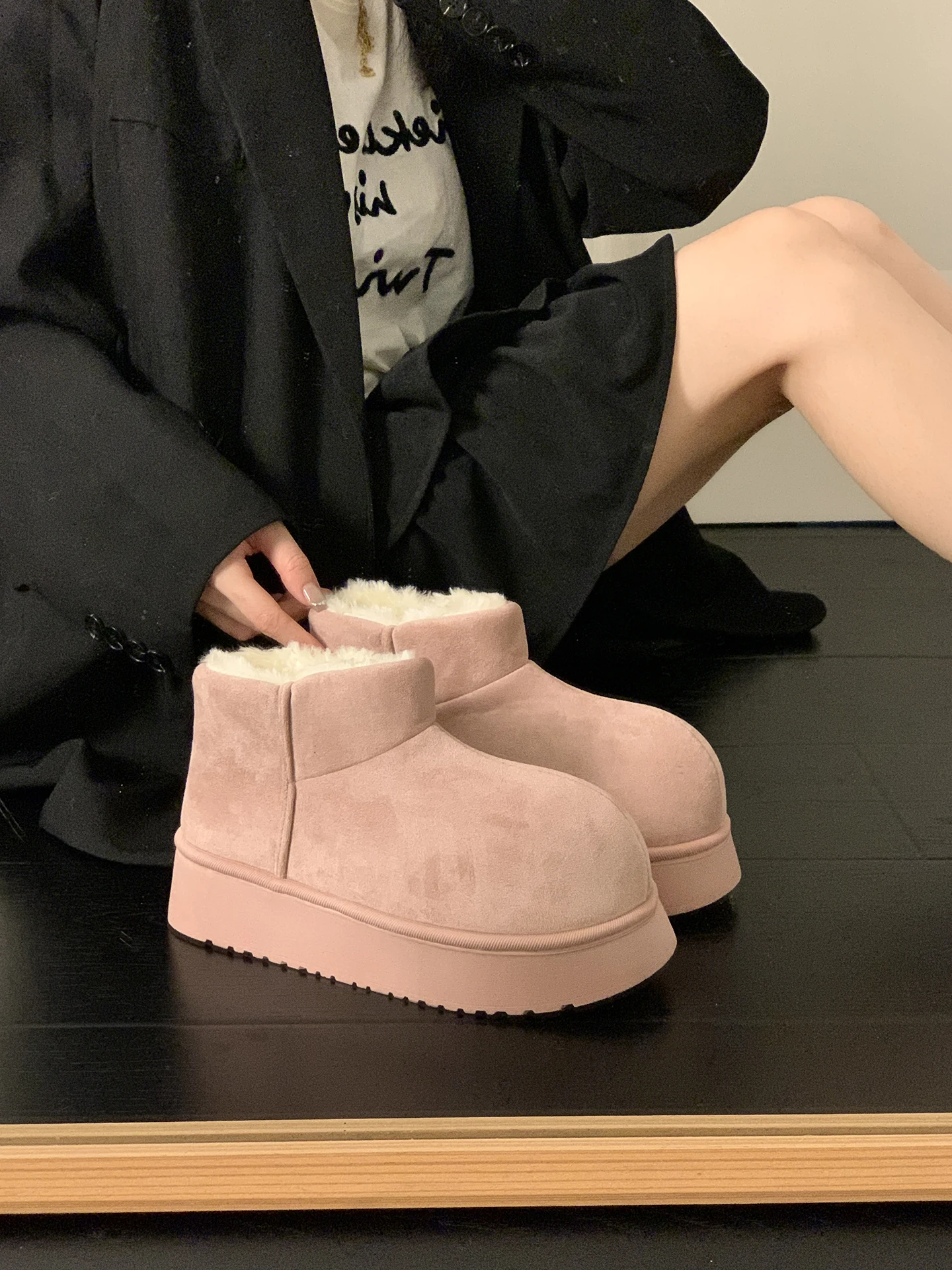 

Pink Fce Lined Thi Bot Snow Boots Women's Slip-On Winter Warm Cotton oes Korean Sle round Toe Platform Casual