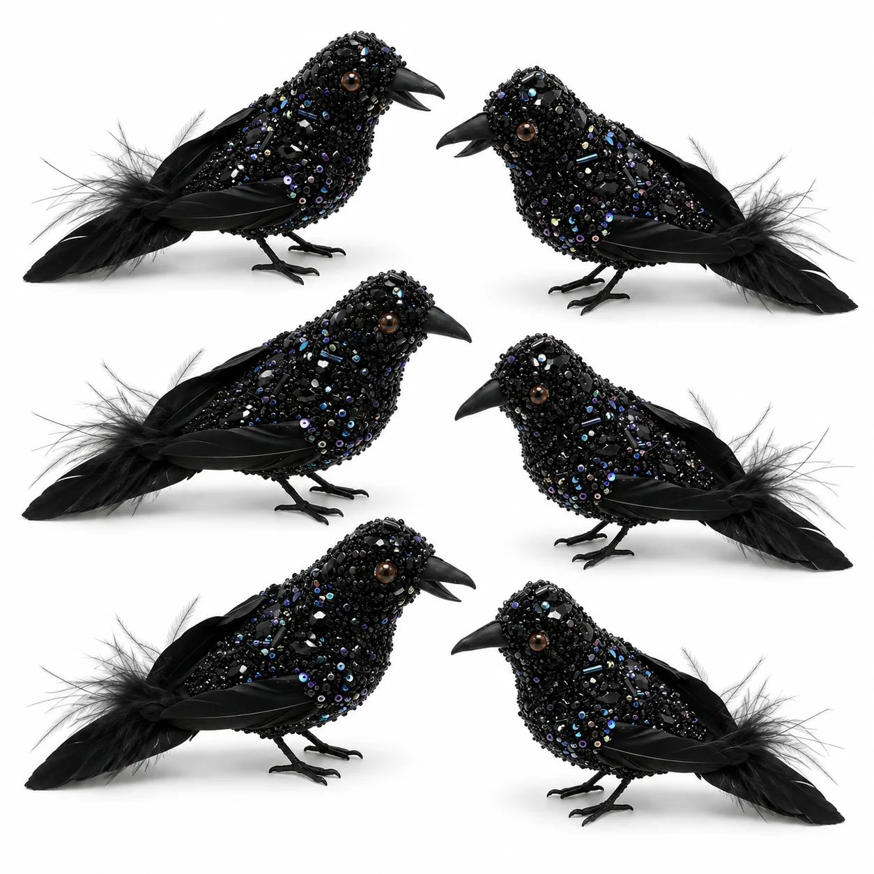 6PCS Black Jeweled Raven Decorations, 6.3 Inch Halloween Crow Ornaments with Feather Tails for Gothic Party and Tree Decor