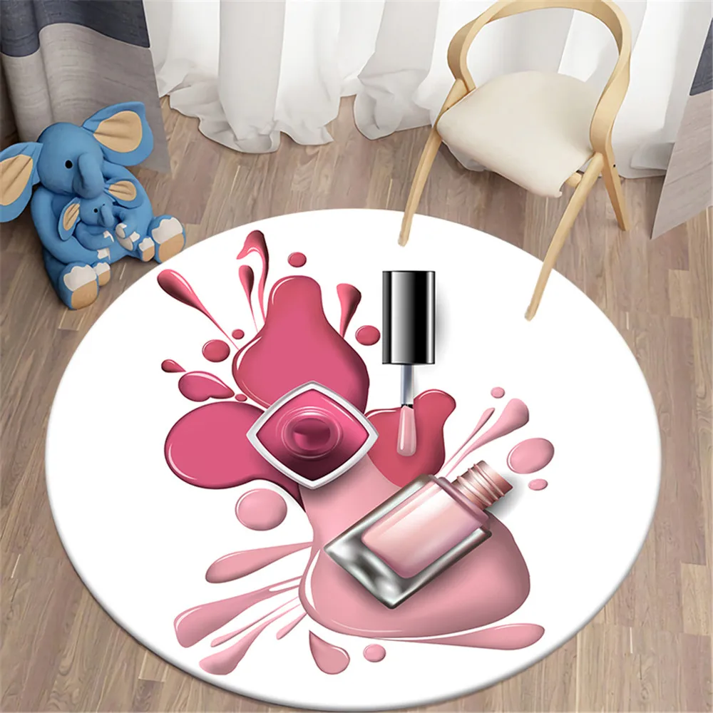 HXFashion Round Carpet for Living Room Nail Polish Lipstick Rugs Girls Cosmetics Area Rug Floor Mats Bedroom Carpets