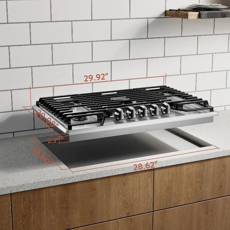 Empava 30 pol. Cooktop embutido em aço inoxidável com 5 fogões a gás incluindo um queimador de potência de 18000 BTU, 30 pol., prata