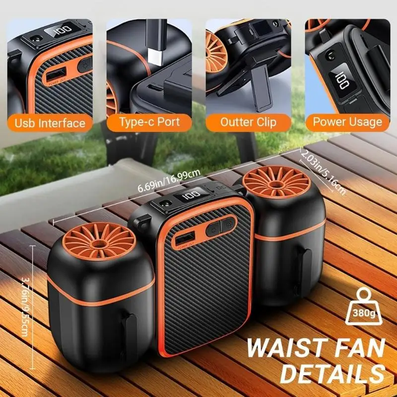 屋外ウエストファン充電式冷却ファン10000MAHクリップファンプラスチックテクスチャー旅行キャンプ釣りに適しています