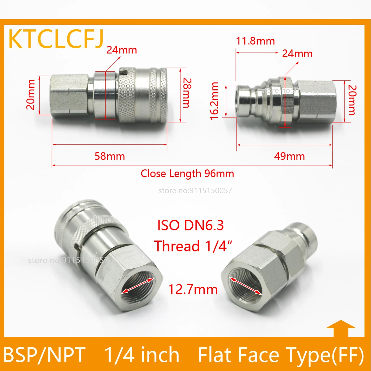 Conector rápido hidráulico, enchufe plano y válvula con carrete, BSP 1/4, 3/8, 1/2, 3/4, 1