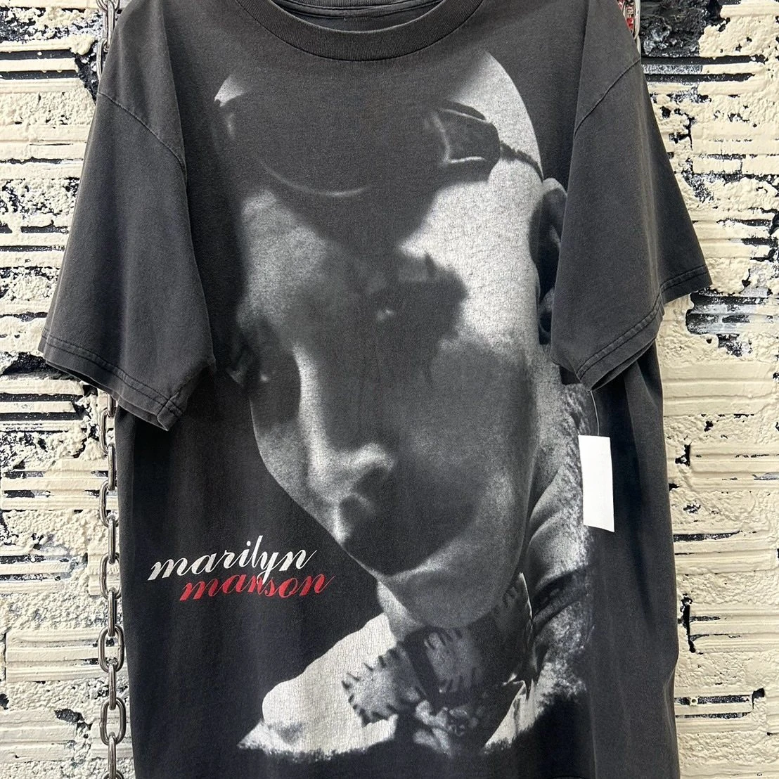 Vintage Marilyn Manson Big Face Goggles Overprint Band Graphic Tee Cotton Mens Womens T-Shirt Summer Streetwear
