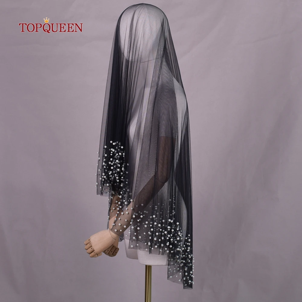 TOPQUEEN New Pearl Bridal Veil Black Tulle Bridal Wedding Accessory Mantilla Española Encaje Negro Black Veil Brides V228