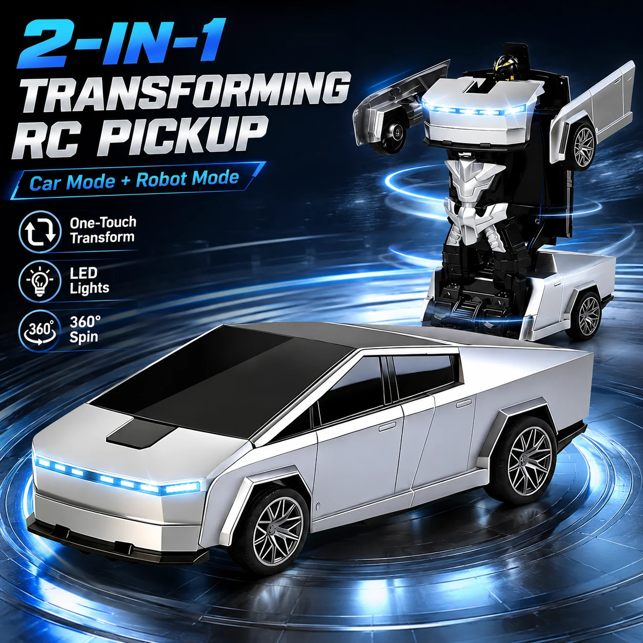 2.4GHz RC Transforming Robot Car Remote Control Stunt Car 360° Spin Drift LED Lights Toy Vehicle for Kids Boys Birthday Gift
