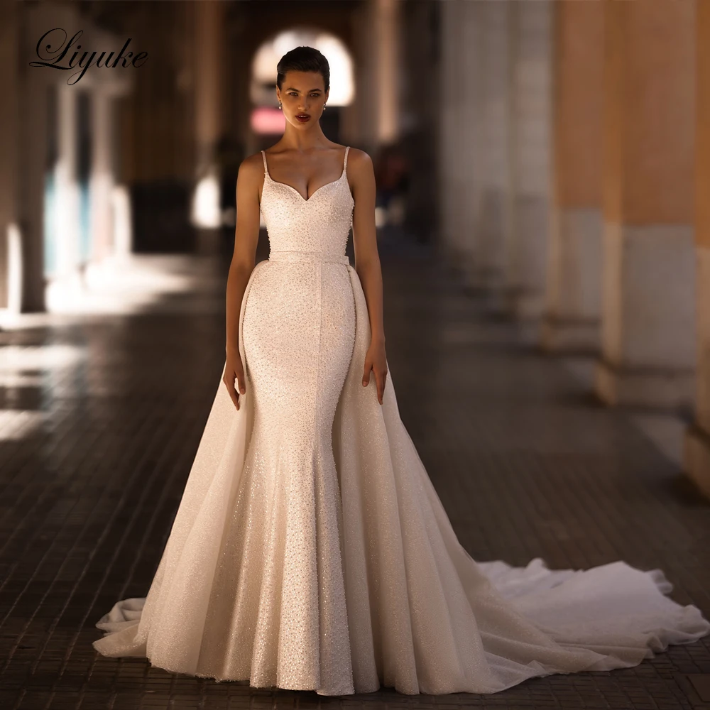 Liyuke Breathtaking Beading Lace Mermaid Wedding Dresses Luxurious Glossy Fabric 2 In 1 Bridal Gowns