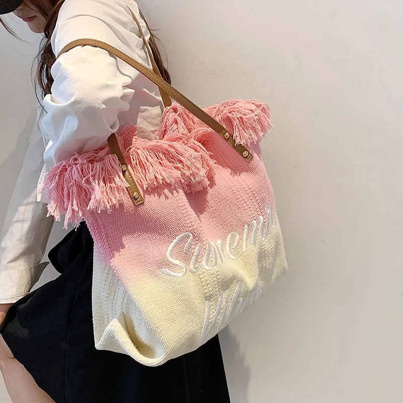 Tote Shoulder Bags 2023 NEW Fabric Tassel Handbag Casual Shopping Large Capacity Bags for Women Upgrade Your Style All-match