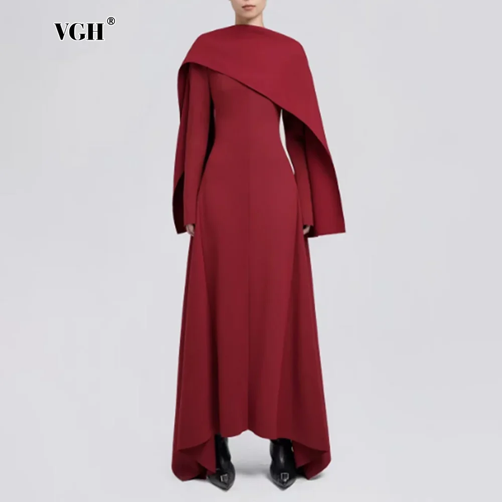 

VGH Chic Backless Elegant Dresses for Women Scarf Collar Long Sleeve High Waist Temperament Irregular Hem Dress Female Style New