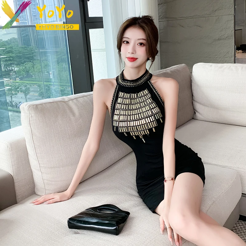 Sexy Black Sequin Sleeveless Hanging Neck O-neck Party Dresses 2024 Summer Fashion Elegant Slim Bodycon Luxury Nightclub Dress