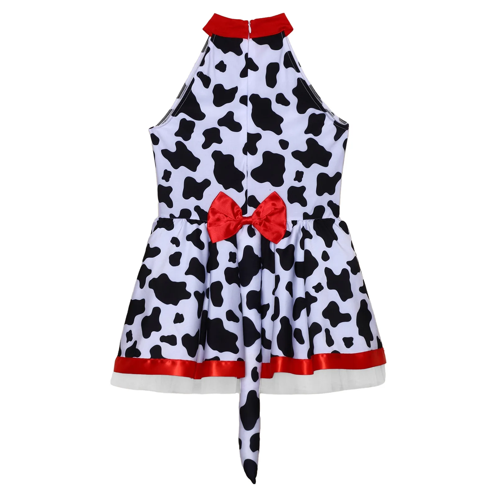 어린이 소녀 민소매 인쇄 메쉬 댄스 레오타드 투투 드레스 꼬리 할로윈 파티 달마시안 점박이 개 코스프레 의상