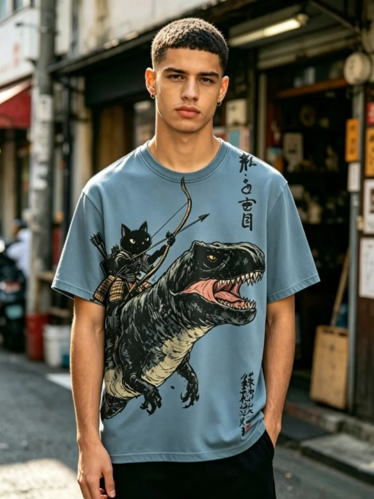 Fashion Tees Chic Men's Black Cat Riding A Dinosaur Shooting Arrows Away From Explosion Calligraphy Art Print Casual T-Shirt