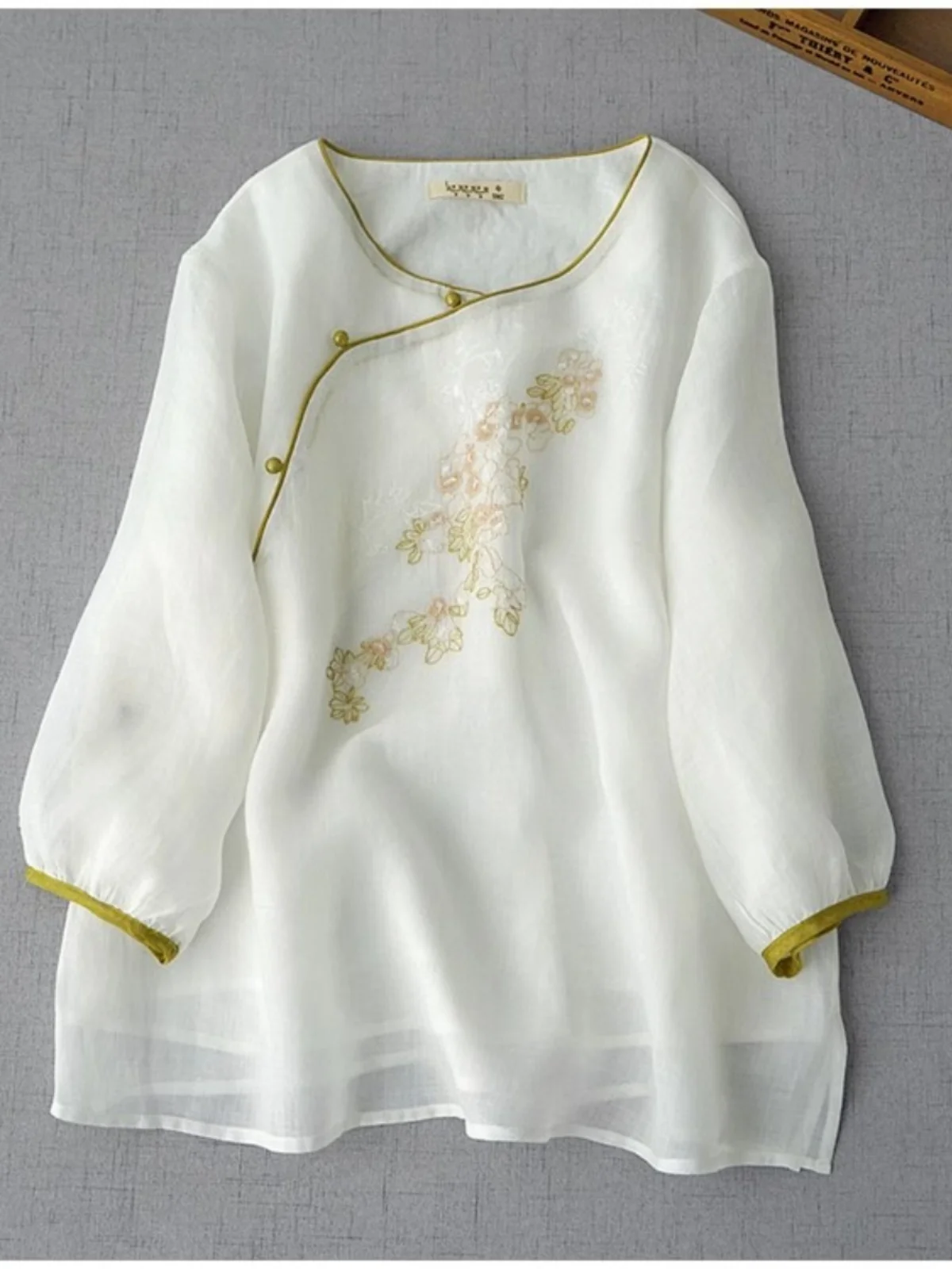 New Chinese Style Embroidered Cotton Linen Shirt Women's Seven Sleeve Side Buttoned Tea Costume Small Cotton Linen Top