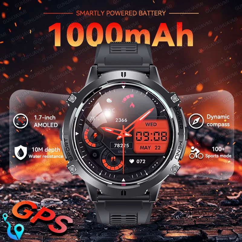 

Новинка 2025 года, T-Rex 2, 1000 мАч, аккумулятор SmartWatch, 1,7 дюйма, AMOLED-экран, 10 м, водонепроницаемый GPS-компас, спортивный фитнес-трекер