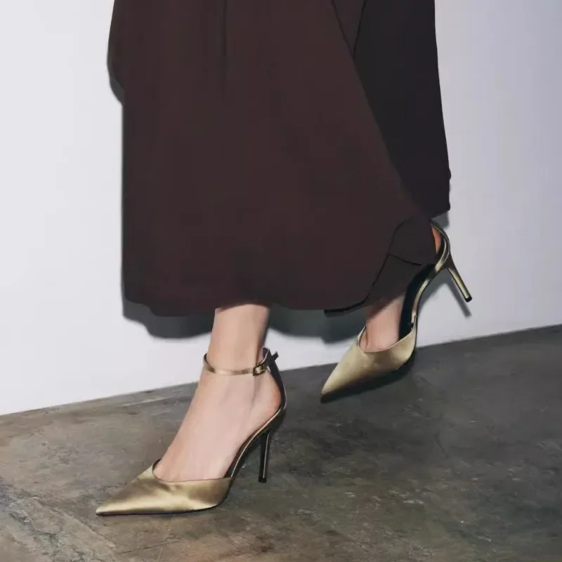 Элегантные атласные туфли на высоком каблуке для женщин, модные дизайнерские офисные туфли с ремешком на щиколотке, сексуальные роскошные босоножки на каблуке с острым носком, Zapatos Mujer