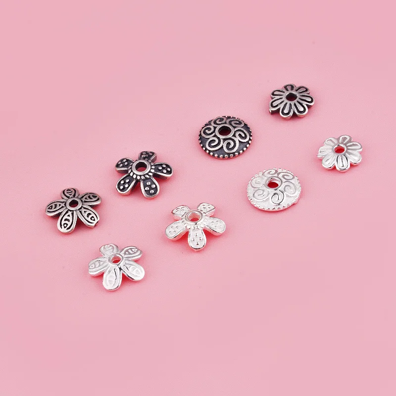 S925 sterling silver flower tray bracelet DIY handcrafted beaded gasket flower cap and loose beaded tray