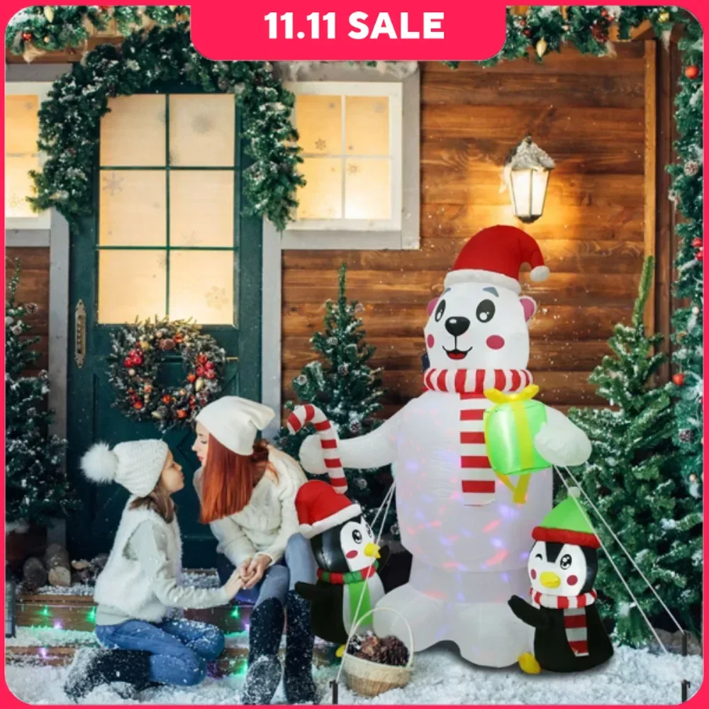 5.9FTChristmas Inflatable Outdoor Decoration Polar Bear Gift Box Penguin Blow Up Yard Decoration with LED Light BuiltAir Blower