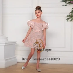 Pink Off Shoulder Flower Girl Dresses with Sequined Above Knee Length Short Sleeve Wedding Party Gowns Sheath فساتين اطفال للعيد