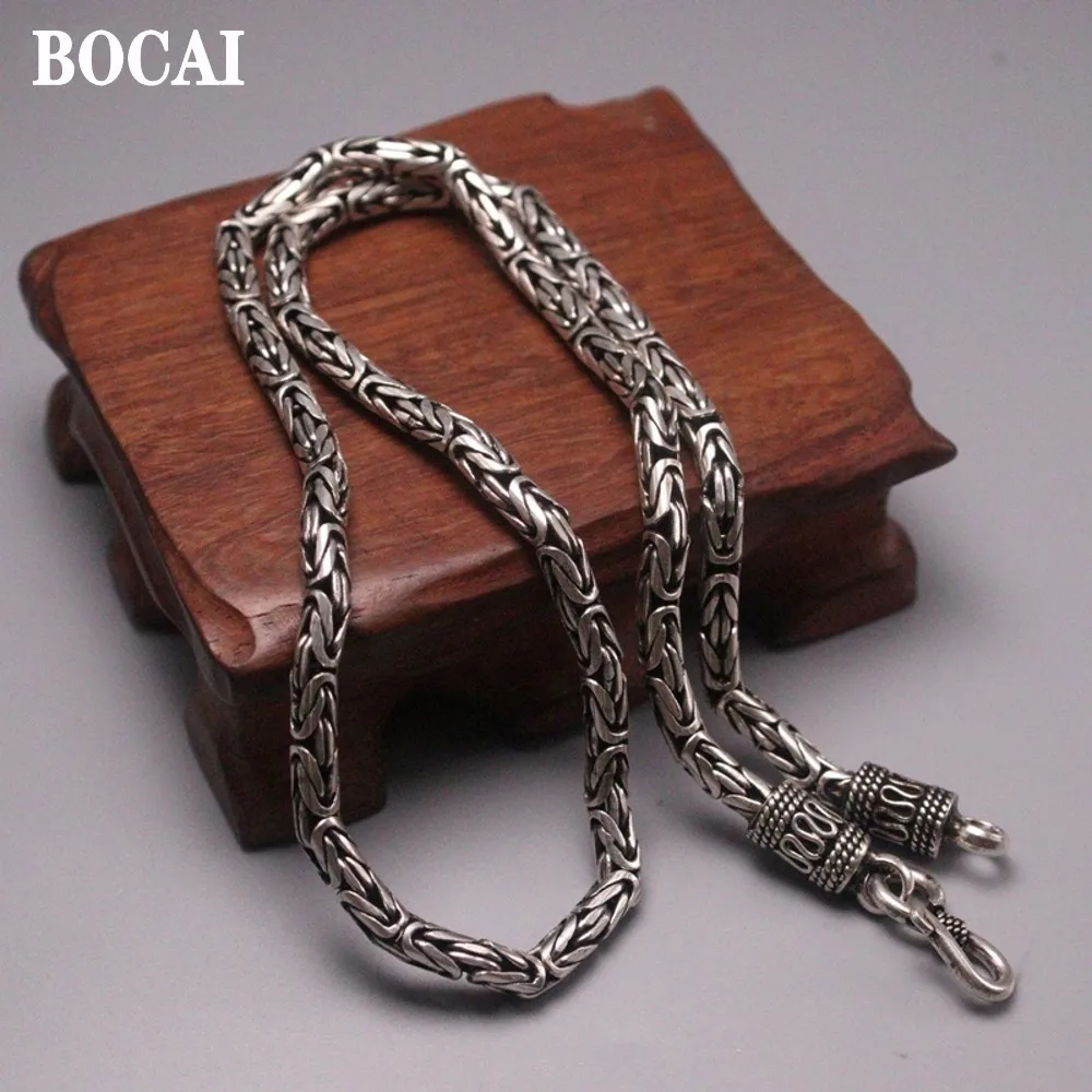 BOCAI 4MM New Real S925 Pure Silver Fashion Man Necklace Trendy Braided Peace Pattern Jewelry Accessories