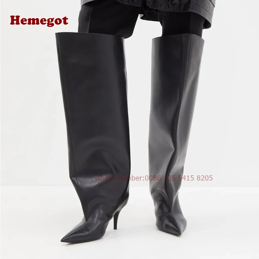 Black Pleated Thigh High Boots Stiletto Heels Over The Knee Women\'s Boots Winter Solid Leather Casual Slip On Luxury Runway Shoe