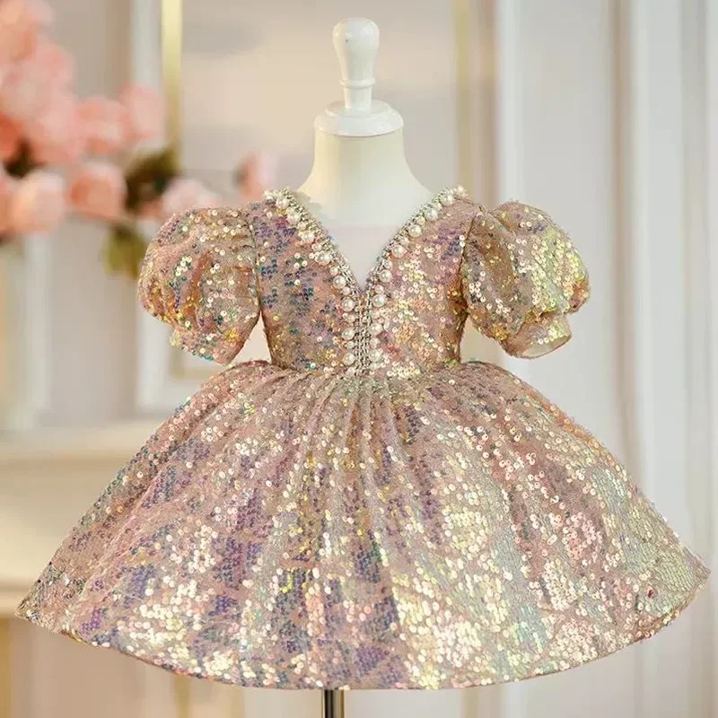 High-End Kids Catwalk Princess Ball Gown Wedding Birthday Party Girls Sequined Dress A3831 Vestidos Bridesmaid Dresses