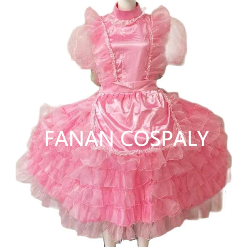 

Adult Giant Baby Sexy Girl Pink Tulle Short Sleeve Satin Sissy Dress Lolita Japanese Maid Dance Gothic Custom Lockable