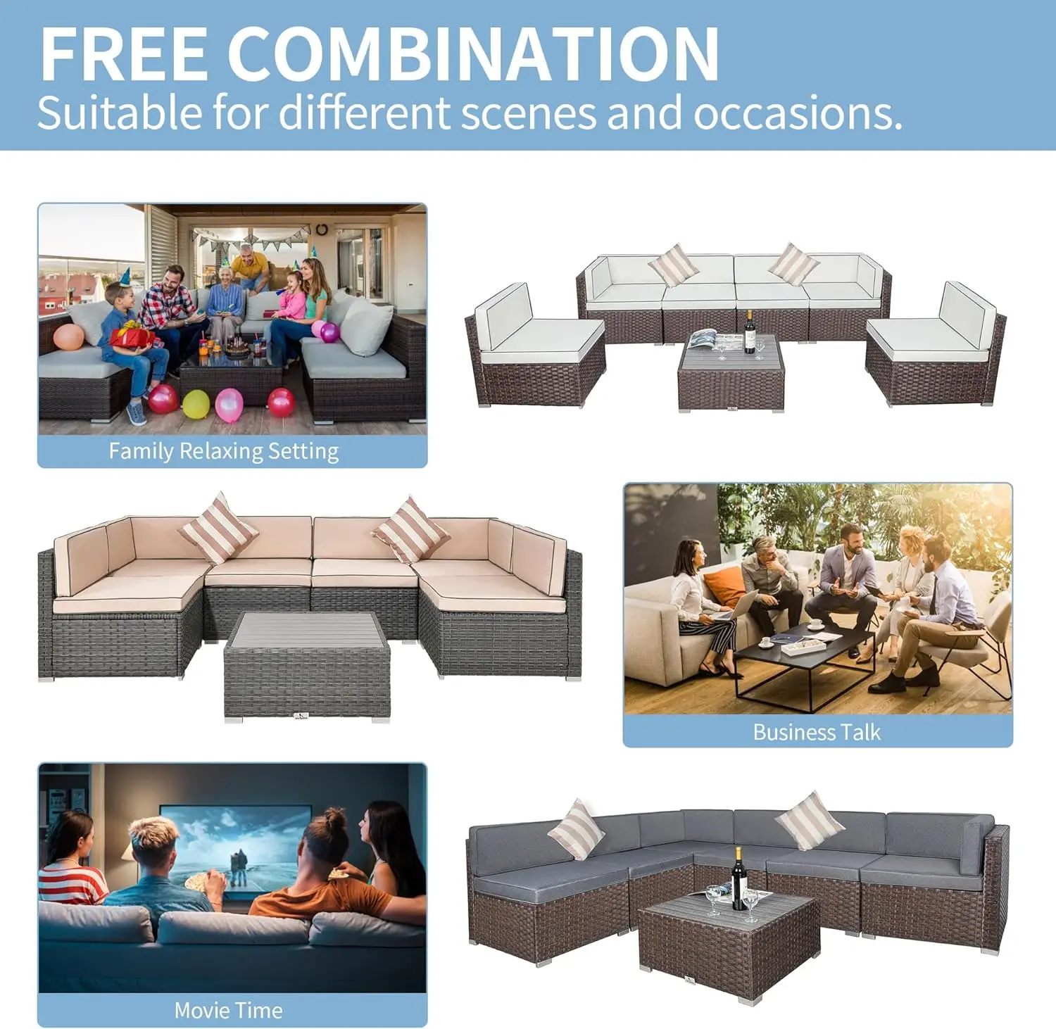 7PCS Outdoor Sectional Sofa Set w/Cushions,Patio PE Rattan Wicker Conversation Couch Sets w/Slatted Coffee Table&Striped Pillows