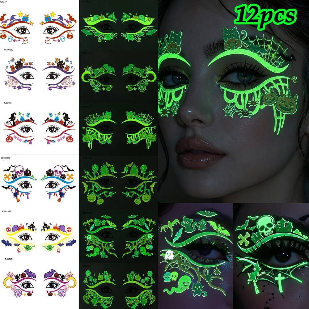 12 Pcs Luminous Eye Face Tattoo Stickers Glow In Dark Spider Web Skull Pumpkin Eyeliner Decals Halloween Cosplay Makeup Stickers