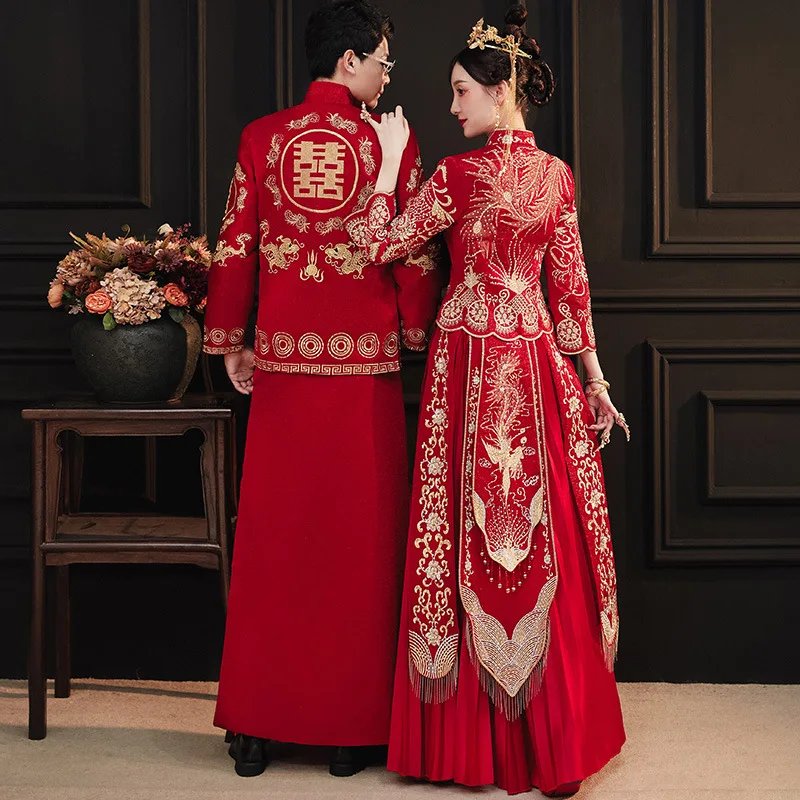 2023 New Xiuhe Chinese Wedding Cheongsams Sets Dragon and Phoenix Bride Toast Dress Tang Suit Hanfu Formal Traditional Qipao